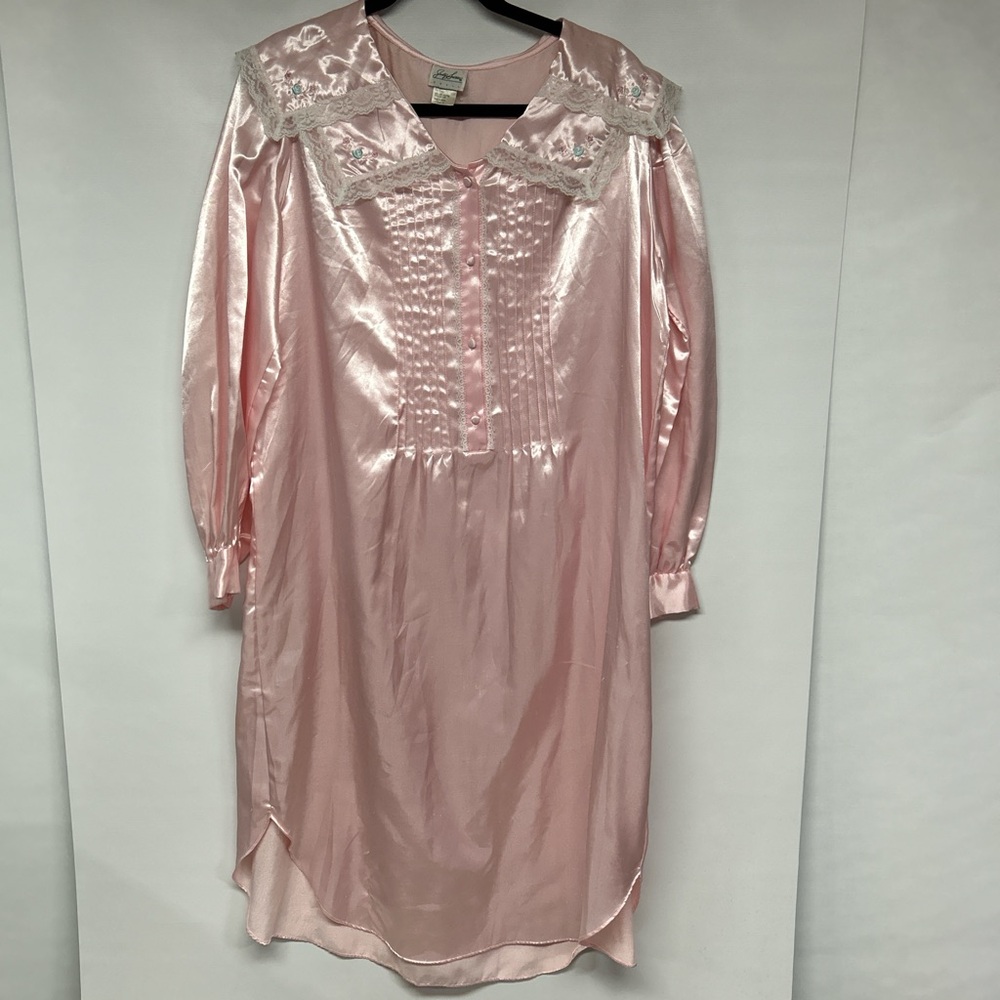 Jaclyn Smith Pink Satin Nightgown with Lace Trim